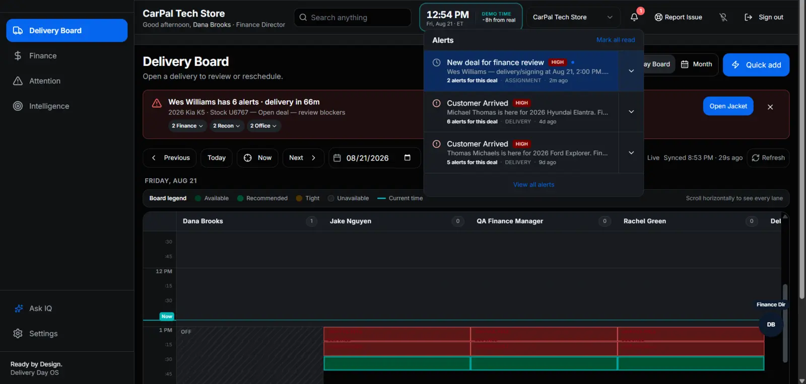 Delivery Day OS Delivery Board showing dealership deliveries, finance alerts, recon status, and visible delivery risks.