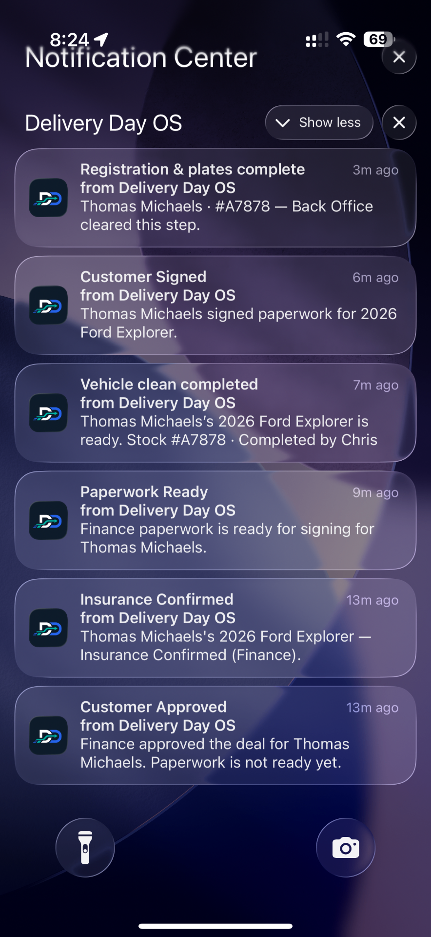 iPhone Notification Center showing Delivery Day OS IQ Alerts for registration, signing, vehicle clean, paperwork, insurance, and finance approval